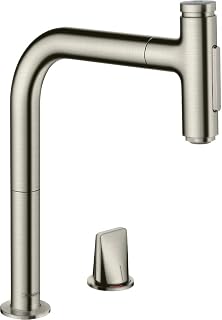 hansgrohe 73818800 M7120-H200 2-Hole Kitchen Tap, Hose Box, Selectable Swivel Range, Pull-Out Spray, Stainless Steel