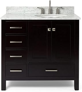 ARIEL Cambridge 37 in. Right Offset Oval Single Sink Vanity with Carrara White Marble Countertop in Espresso