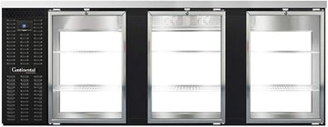 BBC90-GD-PT Three Section Glass Door Refrigerated Pass-Thru Back Bar Cooler, 90"W x 34-3/4"H, Black Exterior