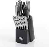 Oster Wellisford Stainless Steel Kitchen Cutlery Set with Black Wood Block Holder and Knife Sharpener for Home Chef Cooking Cutting, 14 Piece (Silver)