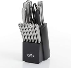 Oster Wellisford Stainless Steel Kitchen Cutlery Set with Black Wood Block Holder and Knife Sharpener for Home Chef Cooking Cutting, 14 Piece (Silver)