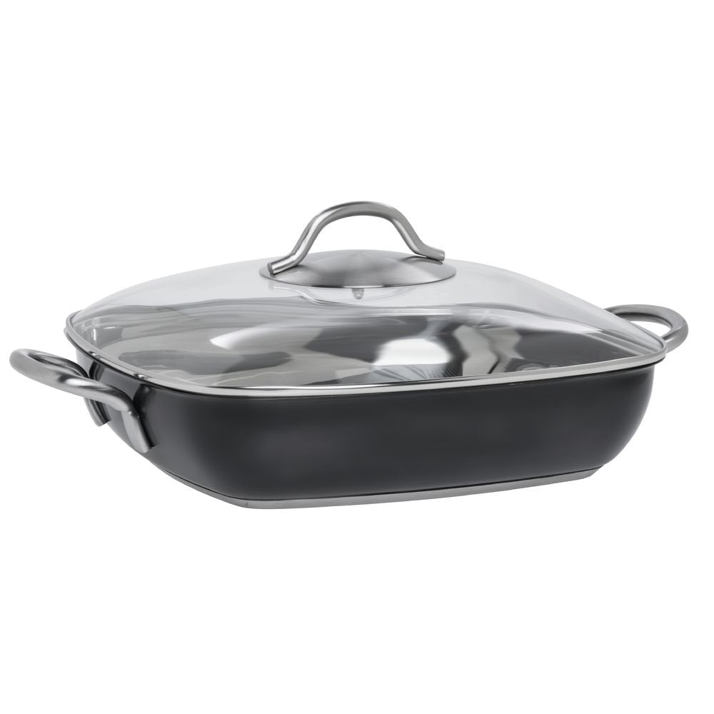 Casserole Pan with Glass Lid Single-Ply Square Black Stainless Steel - 11" L x 11" W x 2 2/5" H by HUBERT – Stainless Steel, Black, Model CE1PLY11-CC-BK
