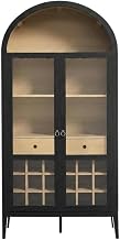 Furnifact Wooden Bar Cabinet with Arched Doors, Tall Liquor Cabinet Buffet Sideboard for Living Room Home Bar, Black Oak
