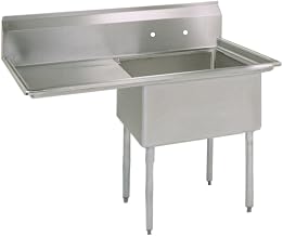 BK Resources NSF Commercial One Compartment Sink, Right Hand Drainboard, 38"W x 23-13/16"D, T-304 18 ga. Stainless Steel, 9"H Backsplash, Front And Sides Rolled Edges, Steel Legs