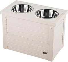Brand Antique White Dog Feeder, 2 Bowls, Sliding Storage Bin, Engineered Wood Composite, Stainless Steel, Durable, Easy to Clean, Large Pets