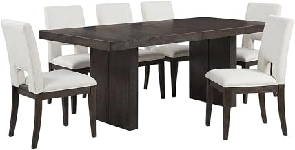 Starlight Canyon Home Rubberwood Dining Furniture Set 7-Piece Extendable Table, Linen-Look Upholstered Kitchen Table and Chairs Set, White