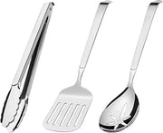 Amefa Stainless Steel Serving Set 3 Piece Kitchen Essentials: Slotted Turner, Slotted Serving Spoon, Multi-Purpose Tong
