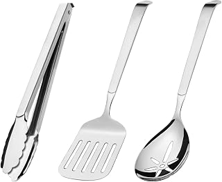 Amefa Stainless Steel Serving Set 3 Piece Kitchen Essentials: Slotted Turner, Slotted Serving Spoon, Multi-Purpose Tong