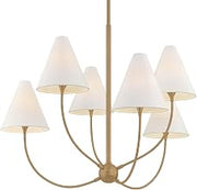 Troy Lighting Evermore 6-Light Chandelier | Patina Brass | Off-White Linen Shades | Nature-Inspired Organic Design | Graceful Curved Arms | Steel Frame | Damp Rated Fixture | Model F1941-PBR