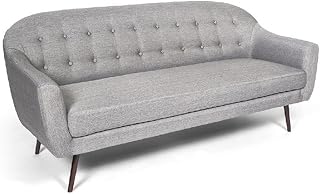Contemporary Upholstered Sofa, Solid Wood Frame, Gray Linen-Like Fabric, 73" W x 32" D x 33" H, Button Tufted Back, Flared Arms, Tapered Metal Legs, Living Room Furniture
