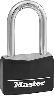 Master Lock Keyed Outdoor Long Shackle Aluminum Padlock, Tool Lock 141DLF | Weather-Resistant Solid Lock With Key, Long Shackle Lock For Gates, Fences, Toolboxes Black Covered Aluminum Lock