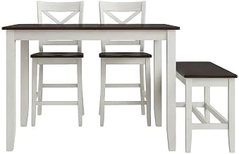 Starlight Canyon Home Solid Wood Farmhouse Counter Height Dining 4 Piece Set with Bench, Kitchen Table and Chairs for Dining Room, White