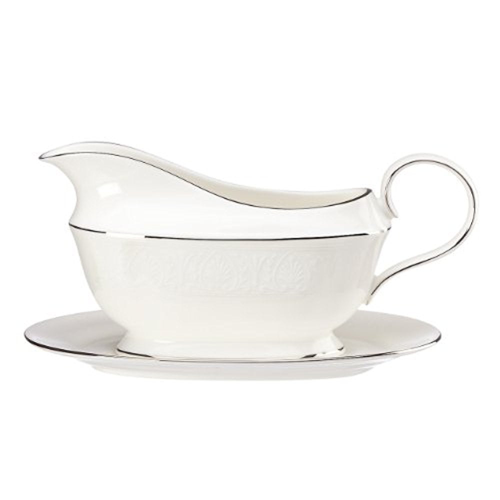 Hannah Platinum Sauce Boat and Stand by Lenox – 16 Ounces, Bone China, White, Model 193591332