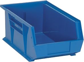 Quantum Storage QUS241BL Heavy-Duty Stackable Plastic Storage Bins for Workshop, Warehouse & Garage, Ultra Stack & Hang, 14" x 9" x 6", Blue, 12-Pack