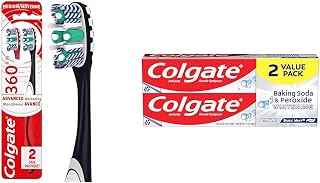 Colgate 360 Optic White Advanced Toothbrush, Medium Toothbrush for Adults,2 Count & Baking Soda & Peroxide Toothpaste - Whitens Teeth, Fights Cavities & Removes Stains, Brisk Mint, 6 Oz, 2 Pack