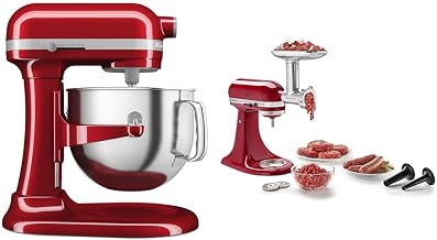 KitchenAid 7 Quart Bowl-Lift Stand Mixer, Candy Apple Red & KSMMGA Metal Food Grinder Attachment, Silver