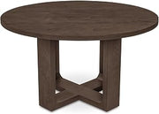 Hayes Dining Table, Round, Thick Rounded Top, Solid Oak Legs, Sculptural Open Base, Seats Four to Six, Rustic Brown