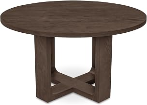 Hayes Dining Table, Round, Thick Rounded Top, Solid Oak Legs, Sculptural Open Base, Seats Four to Six, Rustic Brown