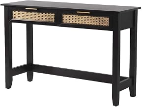 Furnifact Wooden Console Table with Woven Rattan-Accent Drawers, Narrow Sofa Table with Storage for Entryway, Hallway, Foyer or Living Room
