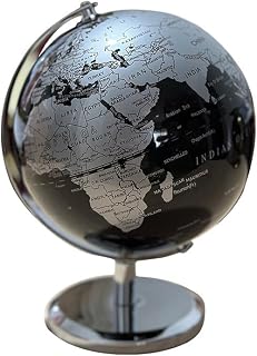 Black‑Gold World Globe Desktop Ornament, Full English Map Metal Base Decor for Study Office Desk (Style C, 14CM)
