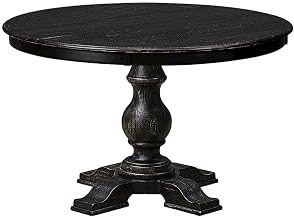 Furnifact Solid Wood Round Dining Table with Pedestal, Distressed-Finish Rustic Wooden Round Dining Room Table for 4, Sand Blasting Black
