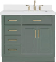 ARIEL Hepburn 36-inch Bathroom Vanity with Sink,Solid Wood, 1.5-inch Pure White Quartz Countertop, Single Rectangular Porcelain Sink, 2 Soft Closing Doors, 5 Dovetail Drawers, Vintage Green