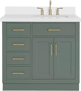 ARIEL Hepburn 36-inch Bathroom Vanity with Sink,Solid Wood, 1.5-inch Pure White Quartz Countertop, Single Rectangular Porcelain Sink, 2 Soft Closing Doors, 5 Dovetail Drawers, Vintage Green