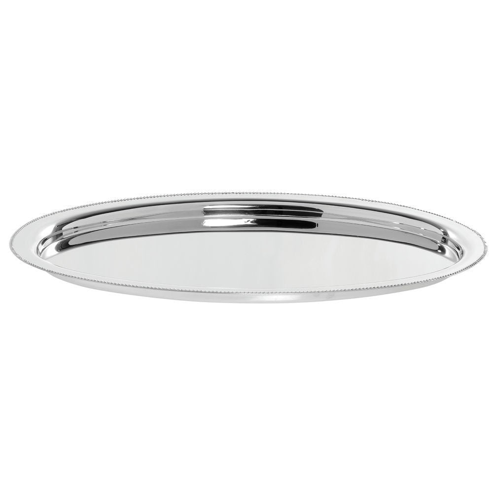 Serving Tray with Beaded Edge Stainless Steel Oval - 20" L x 14" W x 3/4" H by HUBERT – 20" x 14" x 0.8", Stainless Steel, Silver, Model TR06903188