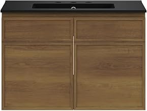 Swiss Madison St. Tropez 30" Wall-Mounted Bathroom Vanity in Brown Oak with Black 3-Hole Widespread Sink Top