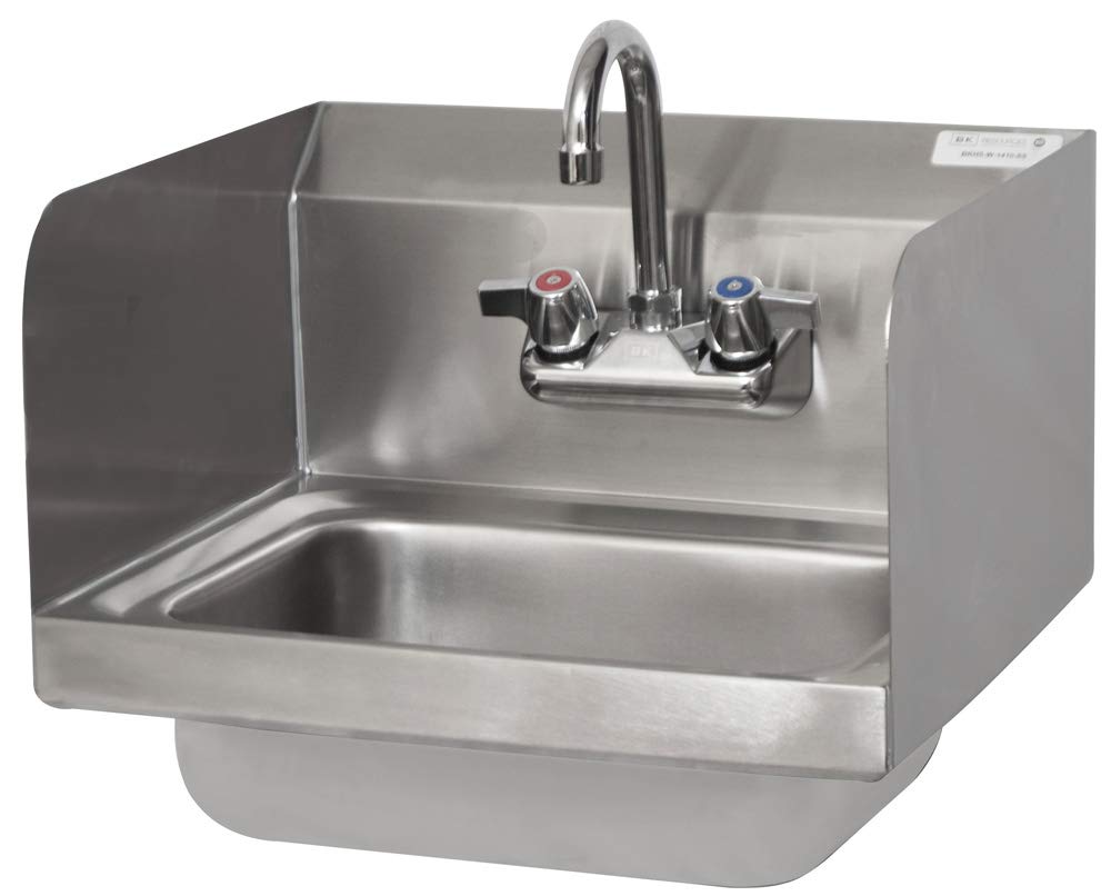 BK Resources Wall Mounted Stainless Steel Hand Sink with Faucet and Side Splashes – 16 Inches, Stainless Steel, 14x10 Bowl with Faucet and Side Splash, Model BKHS-W-1410-SS-P-G