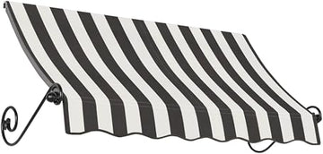 AWNTECH 7.375 Ft Charleston Scrolled Arm Style Door/Window Awning Fixed Outdoor Canopy 88.5 Inch W x 18 Inch H x 12 Inch Proj, Black and White Stripe