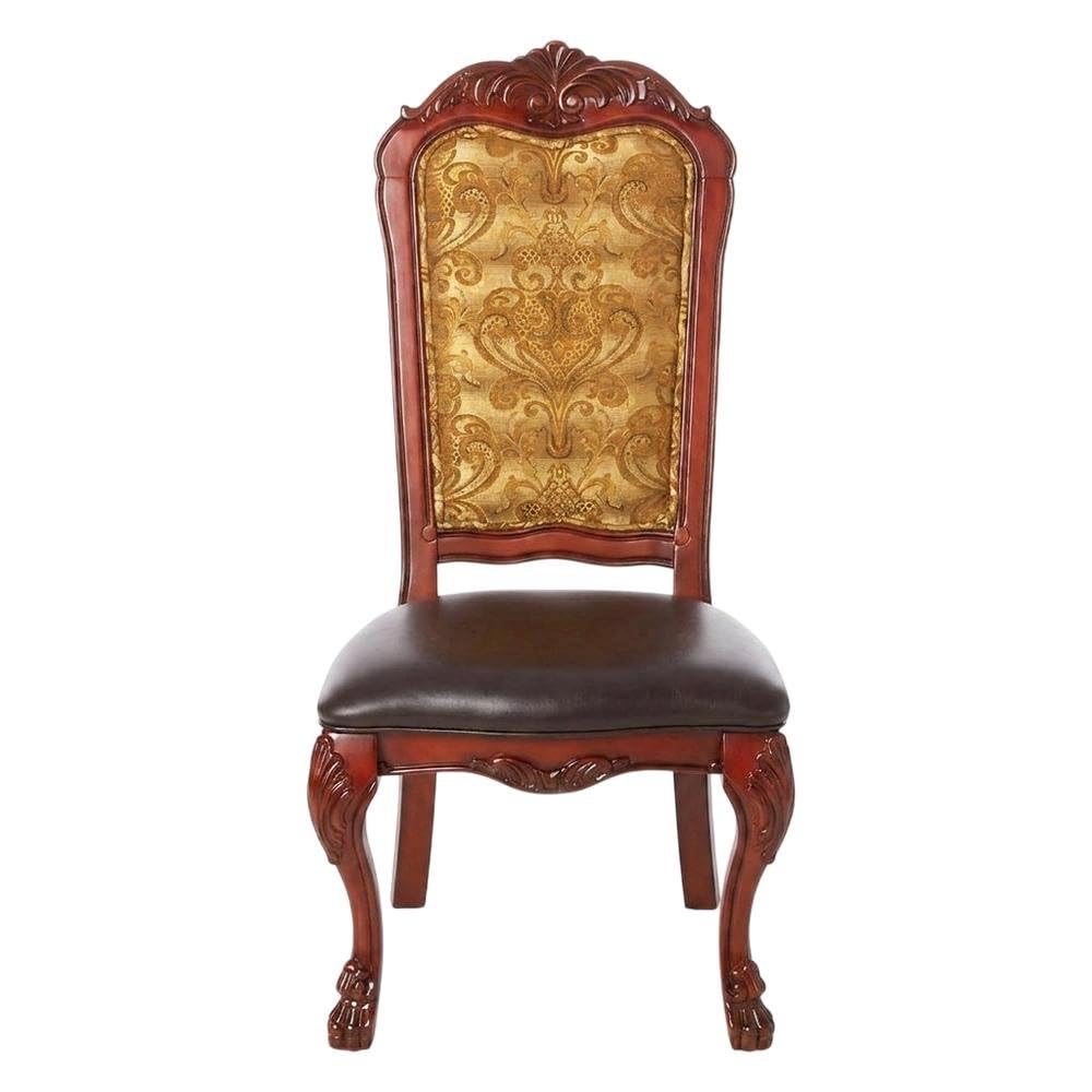 PU Leather-Upholstered Side Chair with Floral Fabric Back by Furnifact – Wood, Brown, Pack of 2