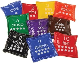 Constructive Playthings Learning with Set of Ten 4 1/2" sq. Number Vinyl Bean Bags with English On One Side and Spanish On The Other for All Ages