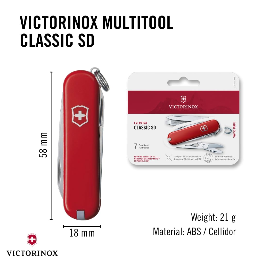 Classic SD Swiss Army Knife by Victorinox – 58mm, Stainless Steel, Red, Model 0.6223