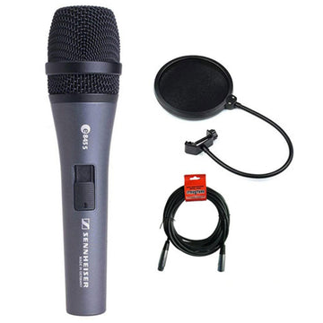 E845S Super-Cardioid Handheld Dynamic Microphone with Switch plus XLR-XLR Cable and Pop filter by Sennheiser – Metal, Black, Model 004516