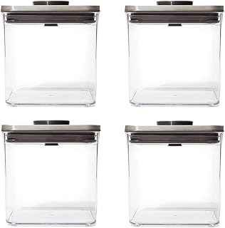 OXO Steel POP Container Big Short Sqaure - 2.8 Qt (Pack of 4) Airtight Food Storage Containers for Cereal, Grains & More, Grey