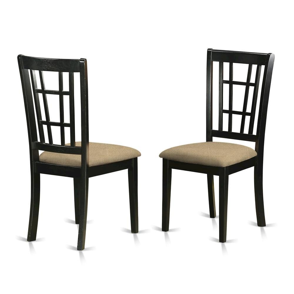 Linen-Upholstered Solid Wood Dining Chair with Padded Seat by Furnifact – Wood, Black/Beige, Pack of 2