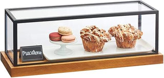Cal Mil Madera Collection – Presentation Case – 20W x 8D x 7.75H – Wood Base, Metal Frame, Black/tan