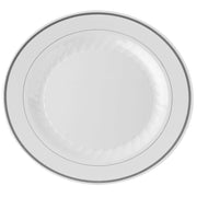 MASTERPIECE SILVER COLLECTION 10.25" WHITE PLASTIC PLATES PRINTED SILVER - 120 per case by WNA – 10.25 IN, Plastic, White with Silver Accent Band, Model MP10WSLVR