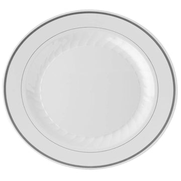 MASTERPIECE SILVER COLLECTION 10.25" WHITE PLASTIC PLATES PRINTED SILVER - 120 per case by WNA – 10.25 IN, Plastic, White with Silver Accent Band, Model MP10WSLVR