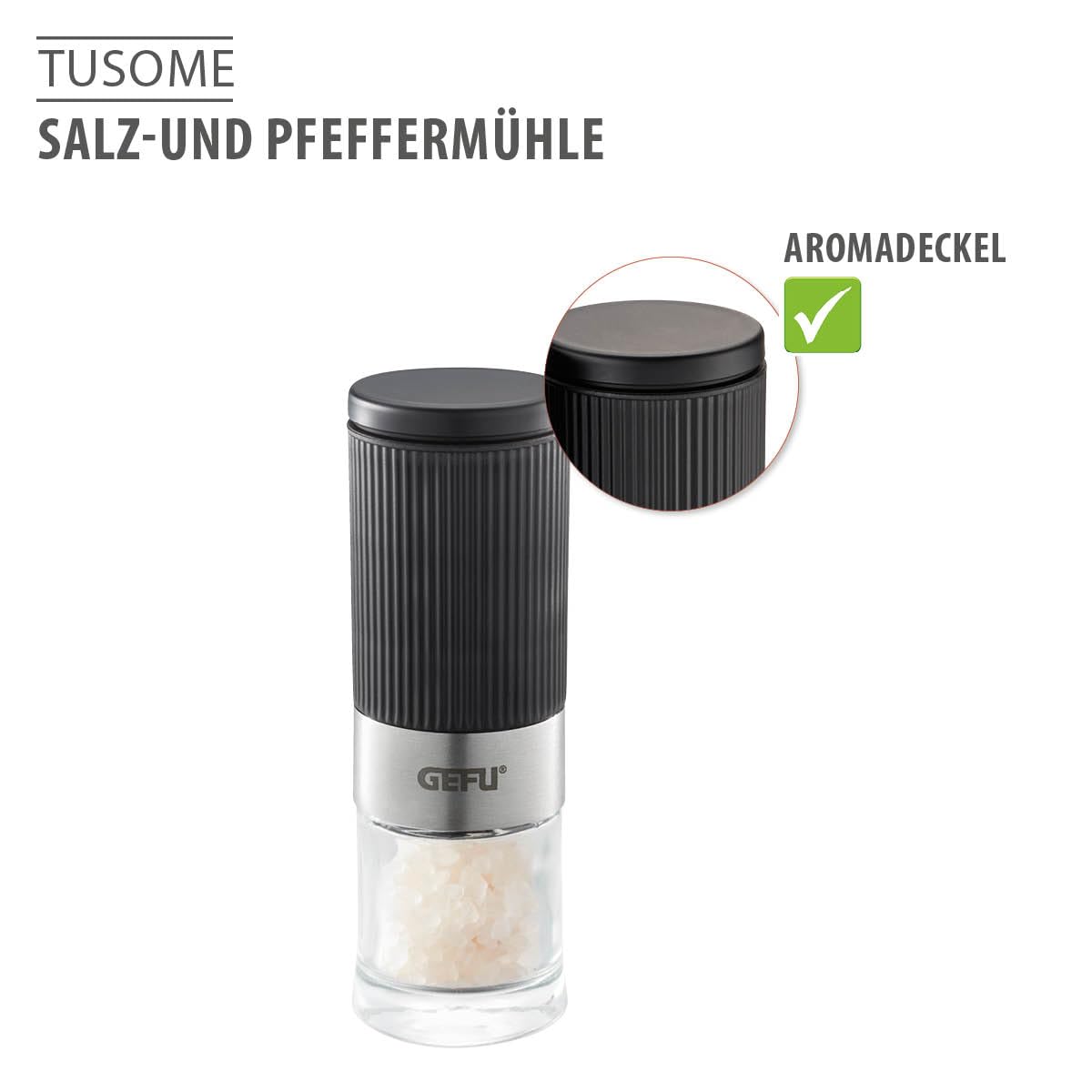 Spice Mill by GEFU – 7 x 3.6 x 9.2 cm, Plastic, Ceramic, High Grade Stainless steel, Black, Model GF34621