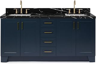 ARIEL Taylor 72 Inch Double Rectangle Sink Bathroom Vanity with Nero Marquina Black Quartz Countertop 1.5 Inch in Midnight Blue