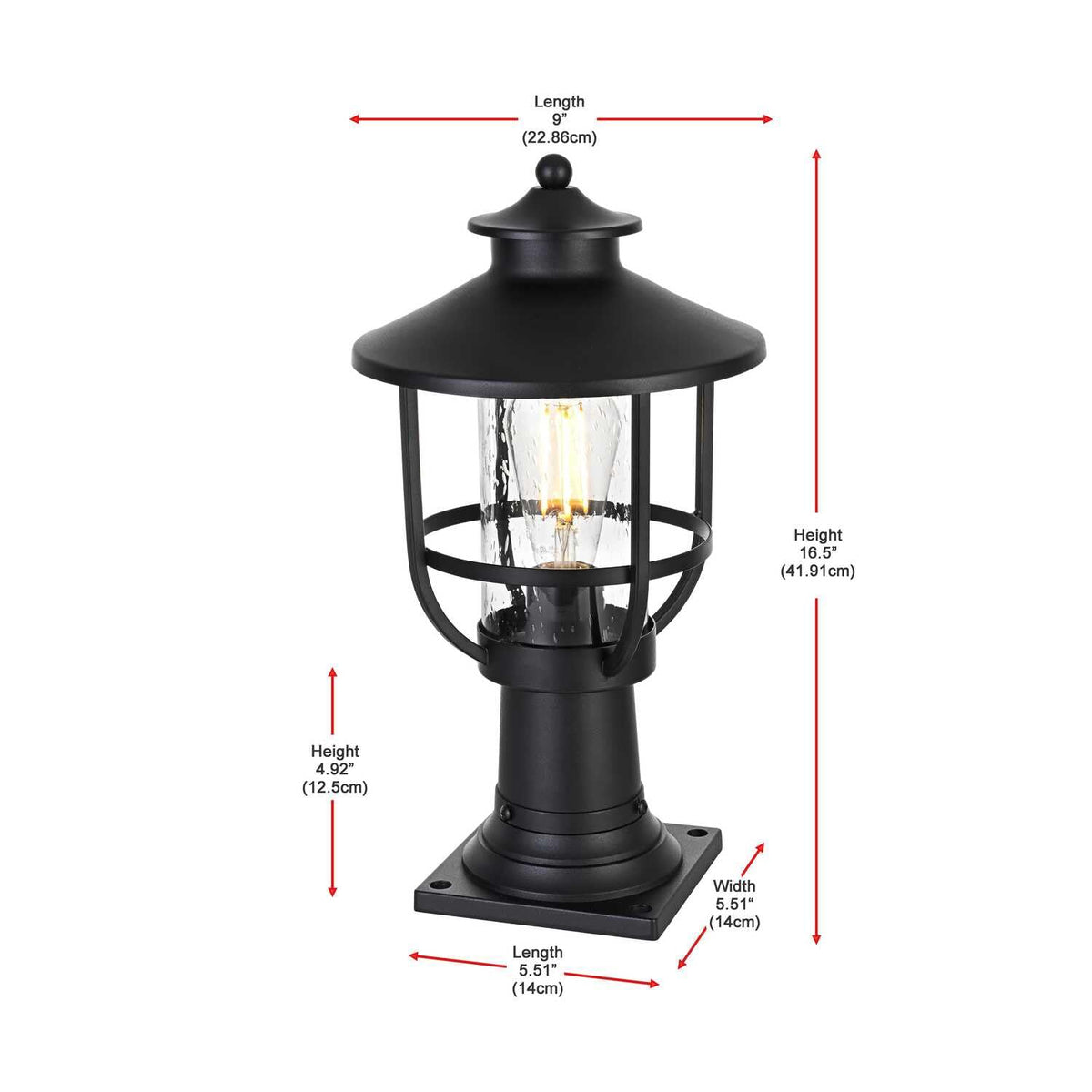 Janney One Light Outdoor Post Mount Black by Lighting Design – 12", Iron, Black, Model OD314P17BK