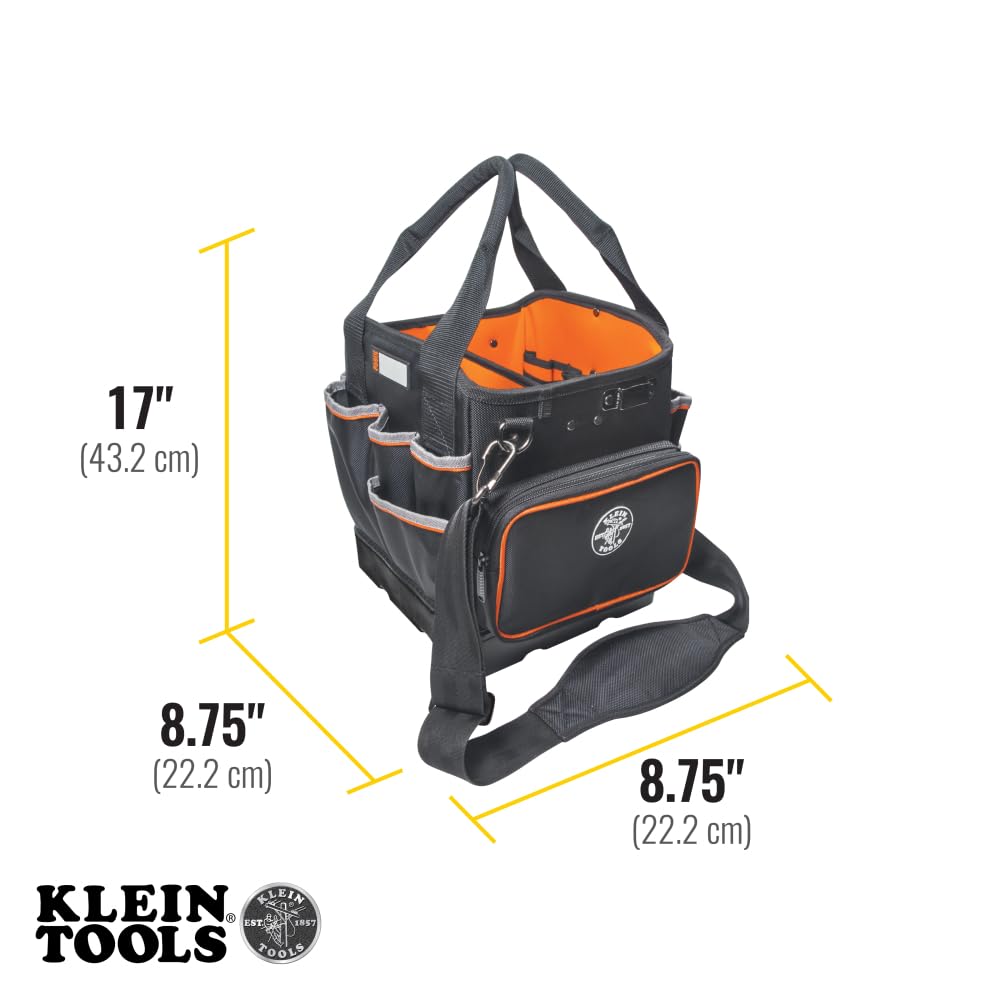 Tool Bag with Shoulder Strap Has 40 Pockets for Tool Storage and Orange Interior by KLEIN TOOLS – 10-Inch Tote, Fabric, Black/Orange, Model 5541610-14