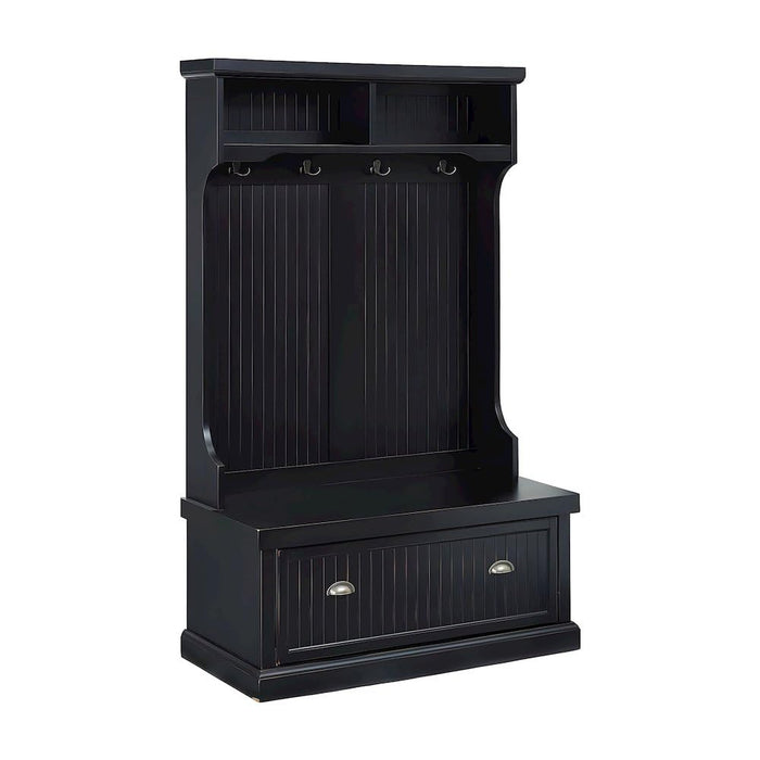 Furnifact Birch Veneer Hall Tree with Beadboard Panels, Bench Seat, Double Hooks, Storage Cabinets, Coat Rack for Entryway Mudroom, Distressed Black