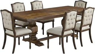 Furnifact Solid Wood Dining Table 7 Piece Set with Button-Tufted Chairs, Kitchen Table and Chairs for Dining Room Set for 6, Light Beige