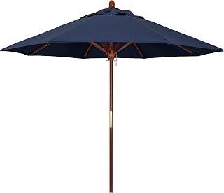 California Umbrella 9' Rd. Wooden Market Umbrella, Push Open Pin Stop, Sunbrella Air Blue