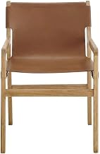 Furnifact Leather-Upholstered Dining Chair with Armrests, Comfy Accent Chair for Living Room, Bedroom, or Home Office Use, Chestnut Tan