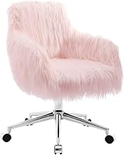Faux Fur Upholstered Mid-Back Office Chair with Chrome Base, Adjustable Height Desk Chair for Dorm Room or Bedroom, Pink