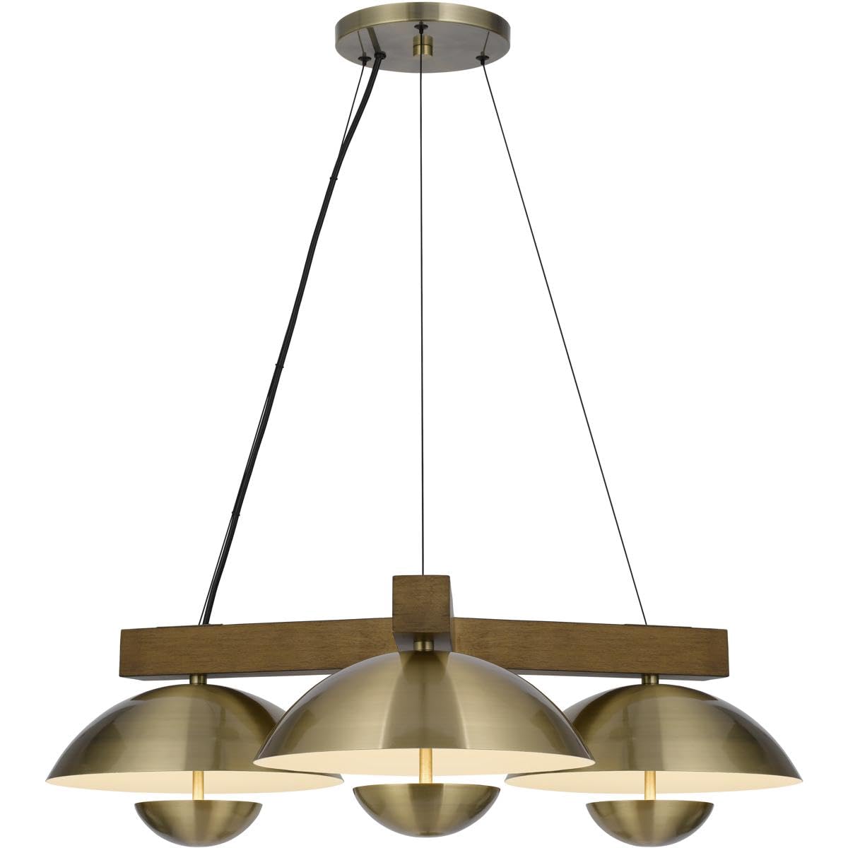 Lighting Lakeland 15W X 3 Intergrated Dimmable Led Metal/Rubber Wood Pendant Light with Half Domed Metal Shade by Cal – Metal, Antique Brass/Wood, Model FX-3801-3C